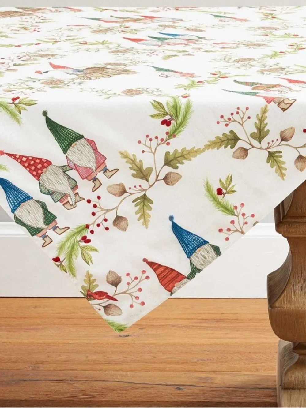 Pottery Barn Embroidered Gnome Table Throw - White with Red and Brown Accents